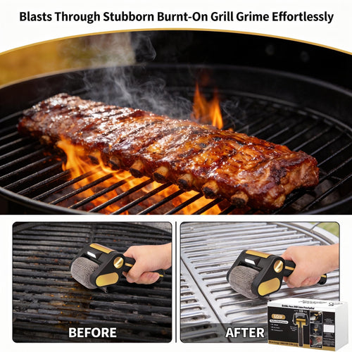 Before and after cleaning a braai grid with the Rooster Rocket