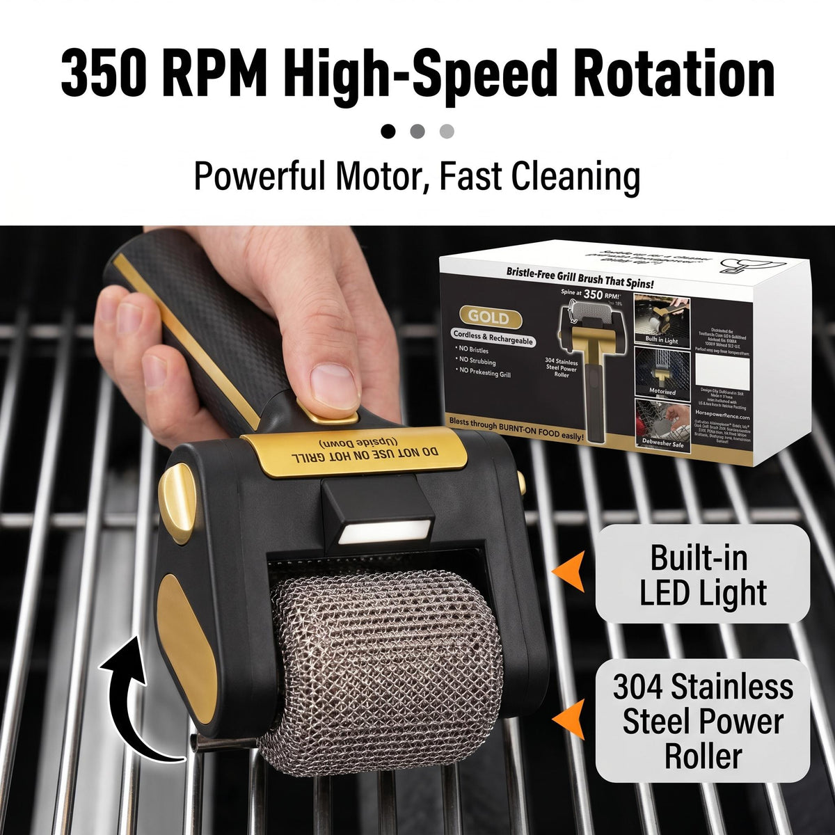 350 RPM stainless steel roller with built-in LED light