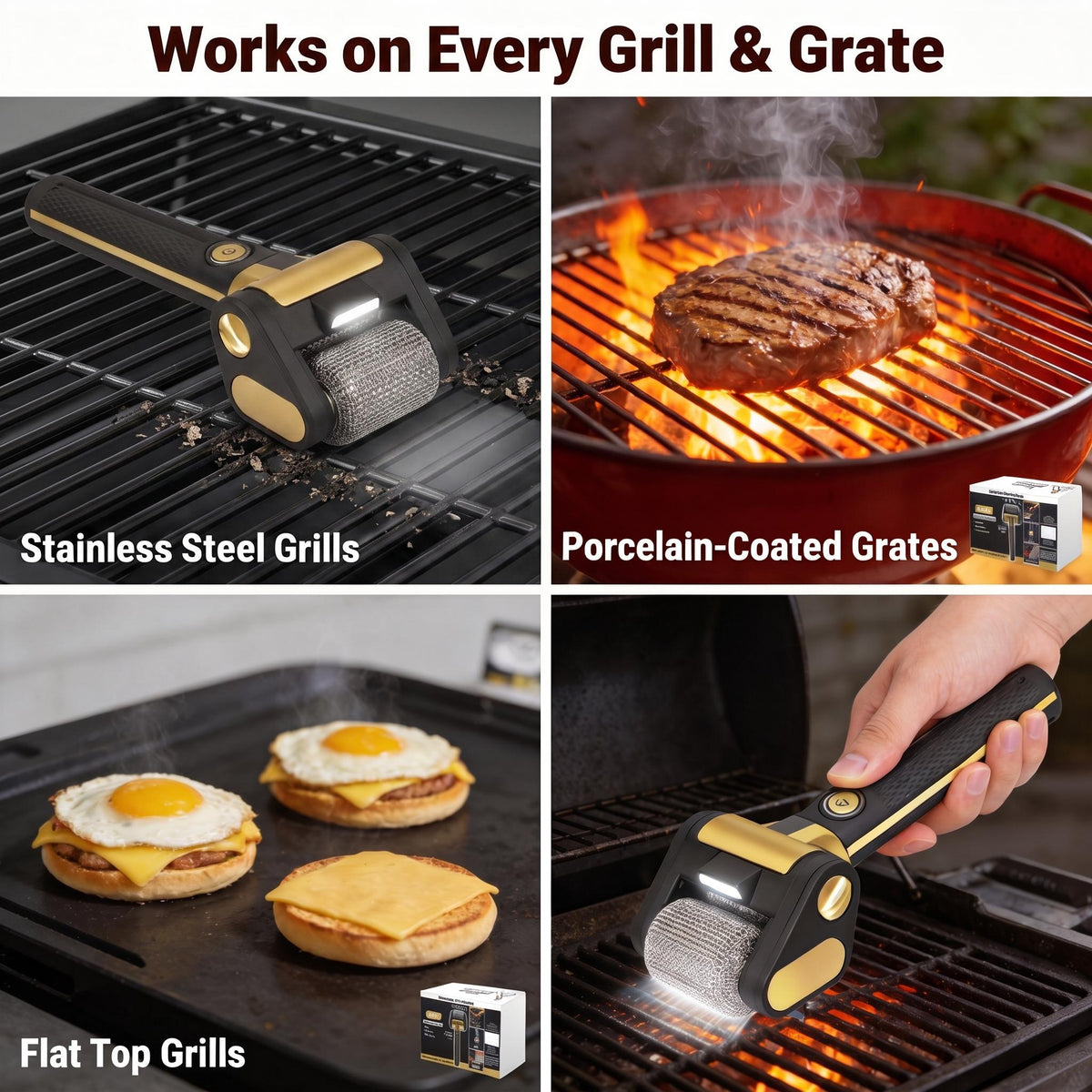 Works on stainless, porcelain-coated and flat-top grids
